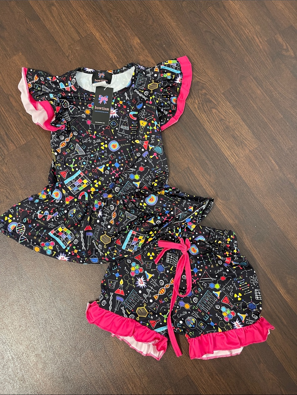 Girls' Black Science Print Matching Set with Hot Pink Trim